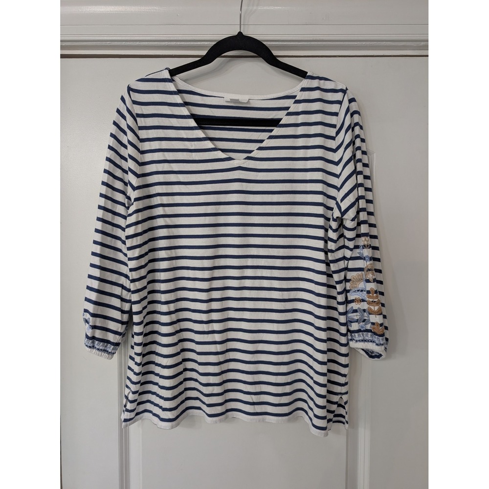 J. Jill Womens Striped Embroidered Sleeve V Neck Top medium boho nautical